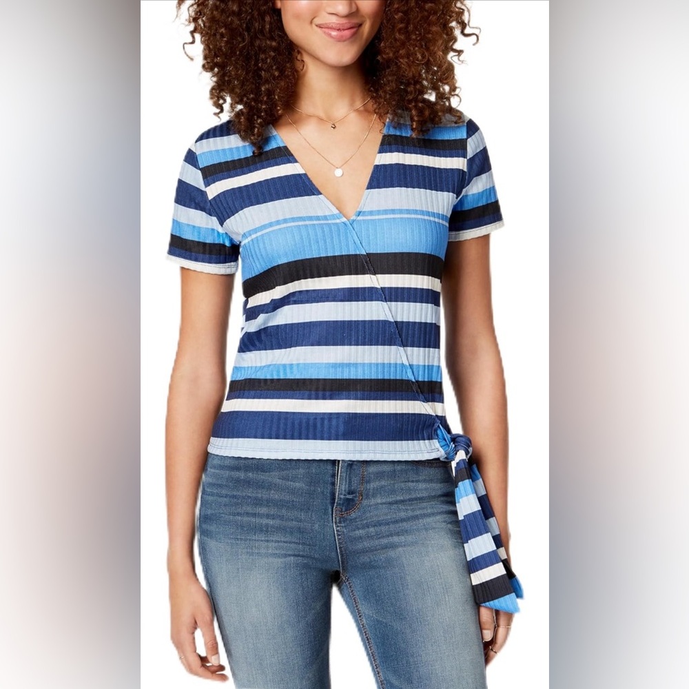 Self Esteem Blue Striped Surplice Wrap Top